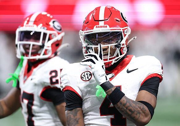 ATLANTA, GEORGIA - DECEMBER 06: KJ Bolden #4 of the Georgia Bulldogs reacts after a turnover by the Alabama Crimson Tide during the fourth quarter in the 2025 SEC Championship at Mercedes-Benz Stadium on December 06, 2025 in Atlanta, Georgia. (Photo by Kevin C. Cox/Getty Images)