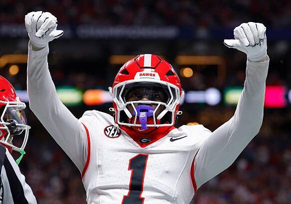 ATLANTA, GEORGIA - DECEMBER 06: Ellis Robinson IV #1 of the Georgia Bulldogs celebrates after a defensive play against the Alabama Crimson Tide during the fourth quarter in the 2025 SEC Championship at Mercedes-Benz Stadium on December 06, 2025 in Atlanta, Georgia. (Photo by Todd Kirkland/Getty Images)