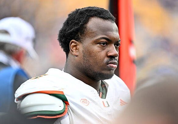PITTSBURGH, PENNSYLVANIA - NOVEMBER 29, 2025: Rueben Bain Jr. #4 of the Miami Hurricanes looks on during the first half against the Pittsburgh Panthers at Acrisure Stadium on November 29, 2025 in Pittsburgh, Pennsylvania. (Photo by Chris Bernacchi/Diamond Images via Getty Images)