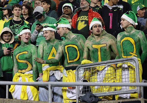 EUGENE, OREGON - DECEMBER 20: Oregon Ducks fans show their support for Kenyon Sadiq #18 of the Oregon Ducks during the third quarter against the James Madison Dukesduring the 2025 College Football Playoff First Round Game at Autzen Stadium on December 20, 2025 in Eugene, Oregon.  (Photo by Tom Hauck/Getty Images)