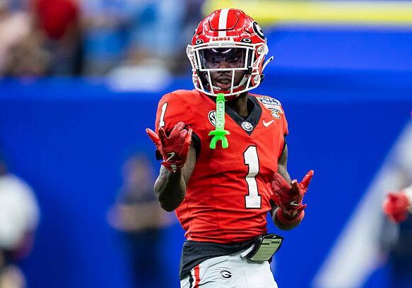 NEW ORLEANS, LA - JANUARY 01: WR Zachariah Branch #1 of the Georgia Bulldogs gestures a first down during the College Football Playoff Quarterfinal game between the Ole Miss Rebels and the Georgia Bulldogs on Thursday January 1, 2026 at the Caesars Superdome in New Orleans, LA.  (Photo by Nick Tre. Smith/Icon Sportswire via Getty Images)