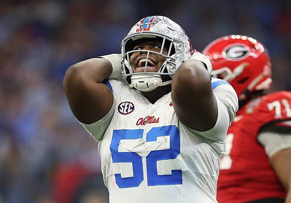 NEW ORLEANS, LOUISIANA - JANUARY 01: Will Echoles #52 of the Ole Miss Rebels reacts during the third quarter against the Georgia Bulldogs during the 2025 College Football Playoff Quarterfinal at the Allstate Sugar Bowl at Caesars Superdome on January 01, 2026 in New Orleans, Louisiana. (Photo by Jamie Squire/Getty Images)