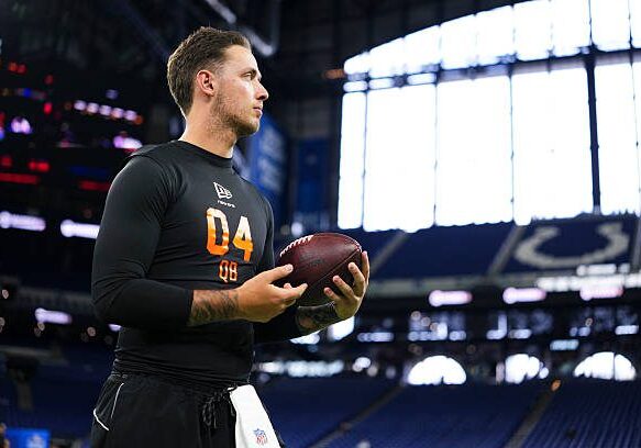 INDIANAPOLIS, IN - FEBRUARY 28: Carson Beck #QB04 of Miami participates in a drill during the 2026 NFL Scouting Combine  at Lucas Oil Stadium on February 28, 2026 in Indianapolis, Indiana. (Photo by Cooper Neill/Getty Images)