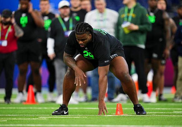 INDIANAPOLIS, IN - MARCH 01: Max Iheanachor #OL29 of Arizona State participates in a drill during the 2026 NFL Scouting Combine at Lucas Oil Stadium on March 1, 2026 in Indianapolis, Indiana. (Photo by Cooper Neill/Getty Images)