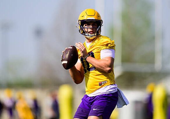 BATON ROUGE, LOUISIANA - MARCH 24: Sam Leavitt #10 of the LSU Tigers in action during spring practice at the LSU Football Operations Center on March 24, 2026 in Baton Rouge, Louisiana. (Photo by Gus Stark/LSU/University Images via Getty Images)