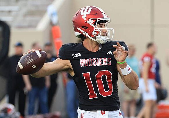 BLOOMINGTON, INDIANA - APRIL 23: Josh Hoover #10 of the Indiana Hoosiers throws the ball during the 2026 Indiana Spring Football Game at Memorial Stadium on April 23, 2026 in Bloomington, Indiana.  (Photo by Justin Casterline/Getty Images for ONIT)