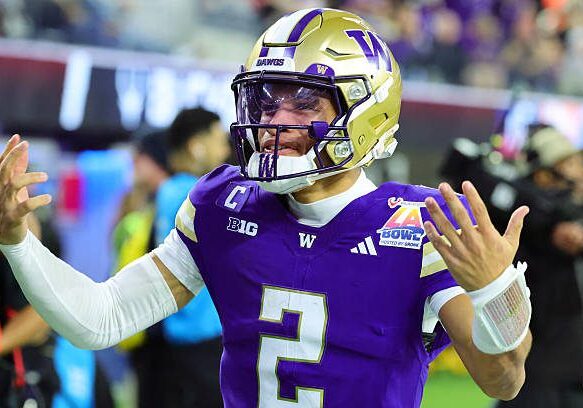 INGLEWOOD, CALIFORNIA - DECEMBER 13: Quarterback Demond Williams Jr. #2 of the Washington Huskies celebrates after throwing a scoring pass  during the Bucked Up LA Bowl against the Boise State Broncos  at SoFi Stadium on December 13, 2025 in Inglewood, California. (Photo by Kevin Terrell/Getty Images)