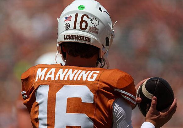 AUSTIN, TX - SEPTEMBER 05: Quarterback Arch Manning #16 of the Texas Longhorns on the field before the college football game the Texas Longhorns and the Texas State Bobcats on September 5, 2026, at Darrell K Royal-Texas Memorial Stadium in Austin, TX. (Photo by David Buono/Icon Sportswire via Getty Images)