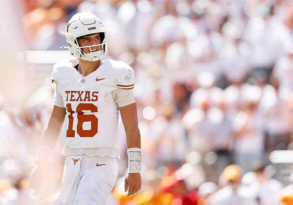 KNOXVILLE, TENNESSEE - SEPTEMBER 26: Arch Manning #16 of the Texas Longhorns looks on during the first half of the game against the Tennessee Volunteers at Neyland Stadium on September 26, 2026 in Knoxville, Tennessee. (Photo by Johnnie Izquierdo/Getty Images)
