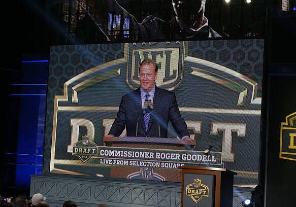 30 April 2015: NFL Commissioner Roger Goodell displayed on the video board during round 1 of the 2015 NFL Draft at Auditorium Theatre in Chicago, IL. (Photo by Rich Graessle/Corbis/Icon Sportswire via Getty Images)
