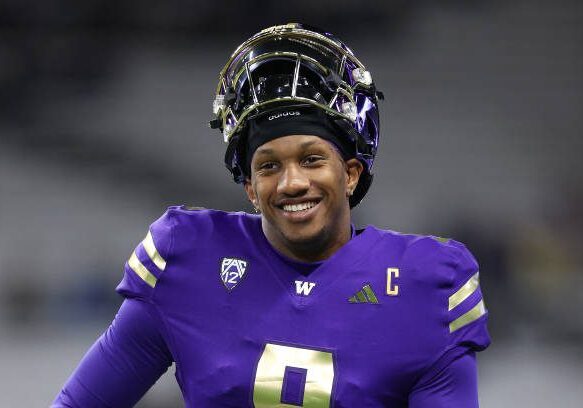 SEATTLE, WASHINGTON - OCTOBER 21: Michael Penix Jr. #9 of the Washington Huskies looks on during warmups before the game against the Arizona State Sun Devils at Husky Stadium on October 21, 2023 in Seattle, Washington. (Photo by Steph Chambers/Getty Images)