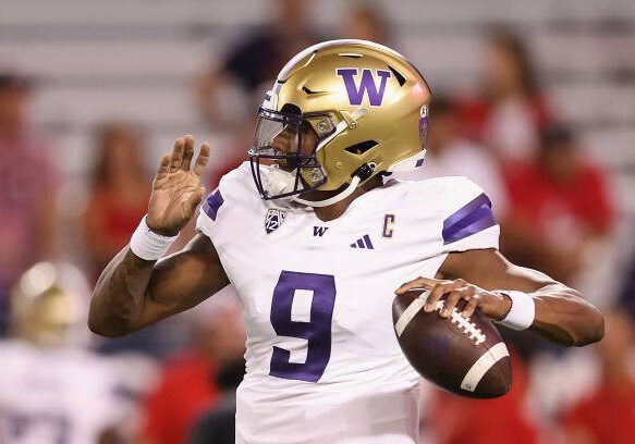 TUCSON, ARIZONA - SEPTEMBER 30: Quarterback Michael Penix Jr. #9 of the Washington Huskies warms up before the NCAAF game against the Arizona Wildcats at Arizona Stadium on September 30, 2023 in Tucson, Arizona. (Photo by Christian Petersen/Getty Images)