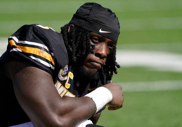 COLUMBIA, MISSOURI - OCTOBER 07: Defensive lineman Darius Robinson #6 of the Missouri Tigers is seen during a game against the LSU Tigers at Faurot Field/Memorial Stadium on October 07, 2023 in Columbia, Missouri. (Photo by Ed Zurga/Getty Images)
