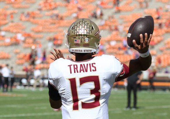 CLEMSON, SC - SEPTEMBER 23: Florida State Seminoles quarterback Jordan Travis (13) during a college football game between the Florida State Seminoles and the Clemson Tigers on September 23, 2023, at Clemson Memorial Stadium in Clemson, S.C.  (Photo by John Byrum/Icon Sportswire via Getty Images)