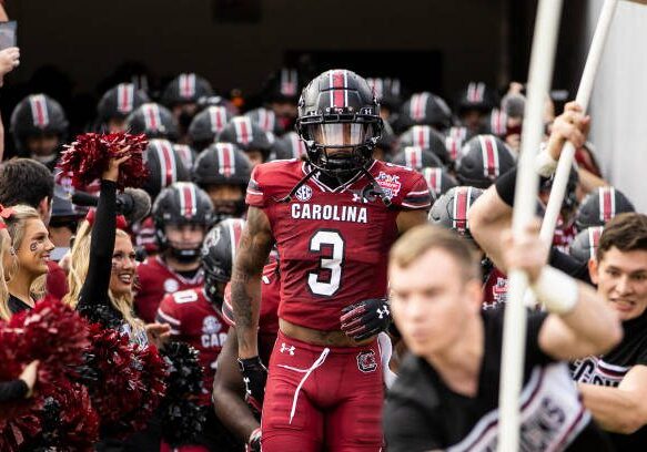 JACKSONVILLE, FLORIDA - DECEMBER 30:  Antwane Wells Jr. #3 of the South Carolina Gamecocks takes the field with his team before the start of the TaxSlayer Gator Bowl against the Notre Dame Fighting Irish at TIAA Bank Field on December 30, 2022 in Jacksonville, Florida. (Photo by James Gilbert/Getty Images)