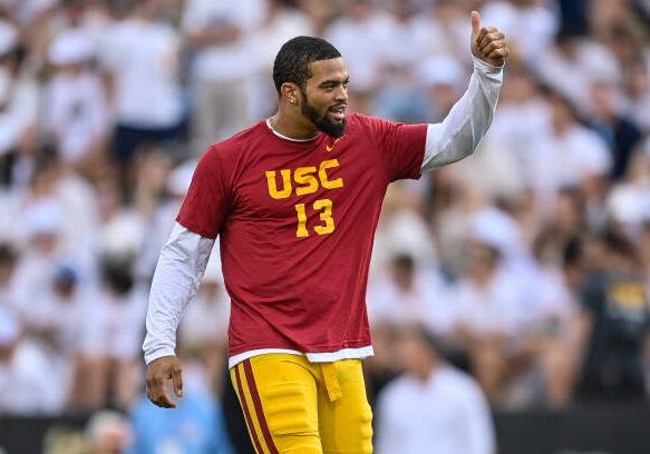 BOULDER, CO - SEPTEMBER 30:  Quarterback Caleb Williams #13 of the USC Trojans warms up before a game against the Colorado Buffaloes at Folsom Field on September 30, 2023 in Boulder, Colorado. (Photo by Dustin Bradford/Getty Images)